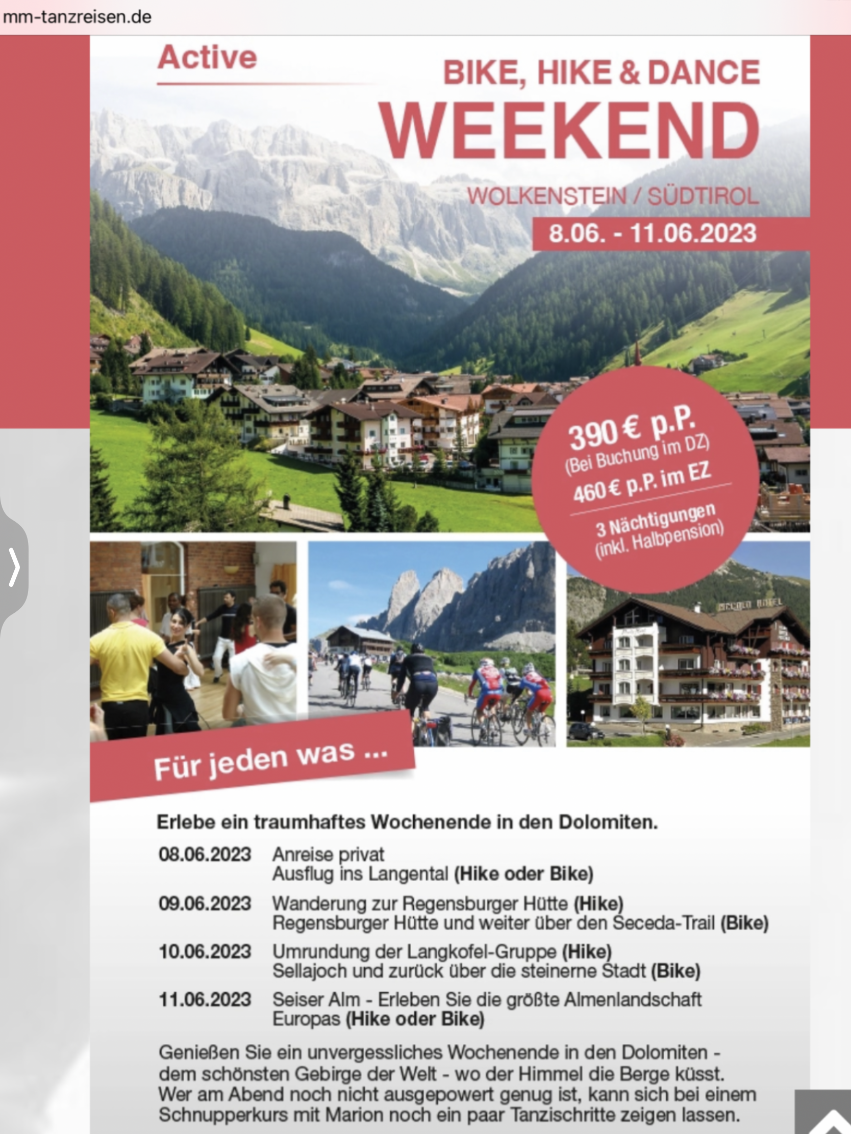 Bike, Hike and Dance Weekend nach Wolkenstein in Südtirol